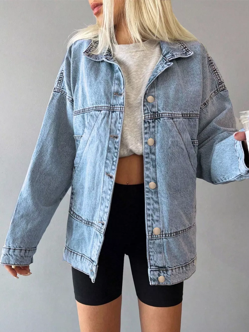 Button Up Dropped Shoulder Denim Jacket, image 2