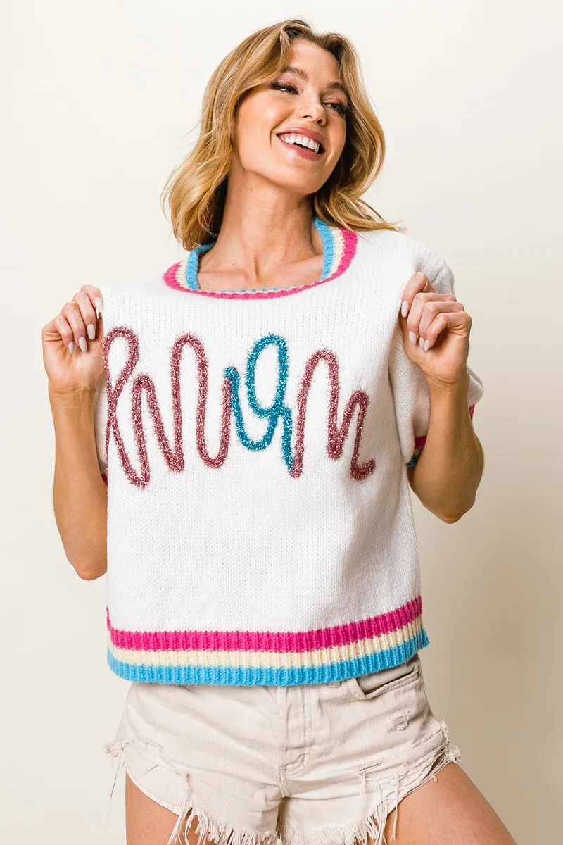 Metallic Letter Short Puff Sleeve Sweater, image 3