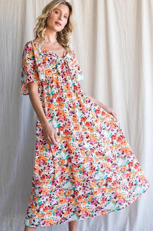 Floral Print Sweetheart Neck Tie Front Midi Dress, image 4