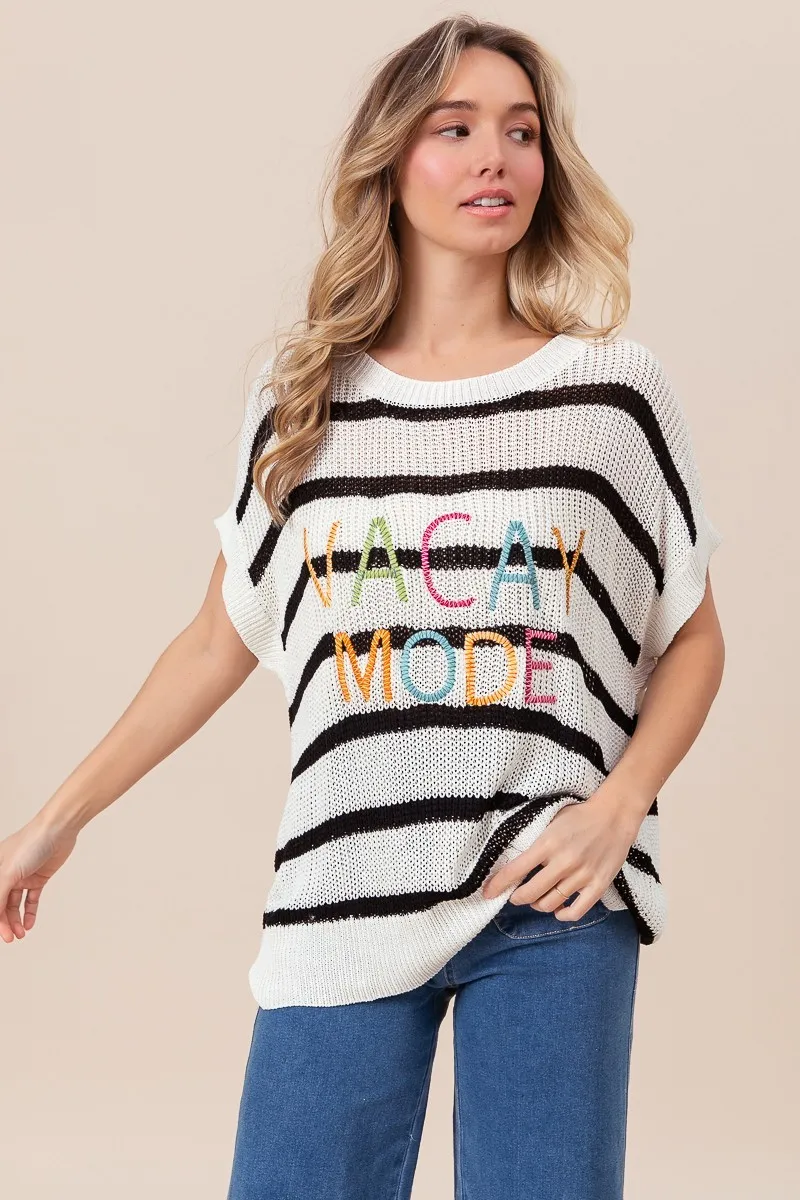 Vacay Mode Lettering Drop Shoulder Striped Sweater, image 10