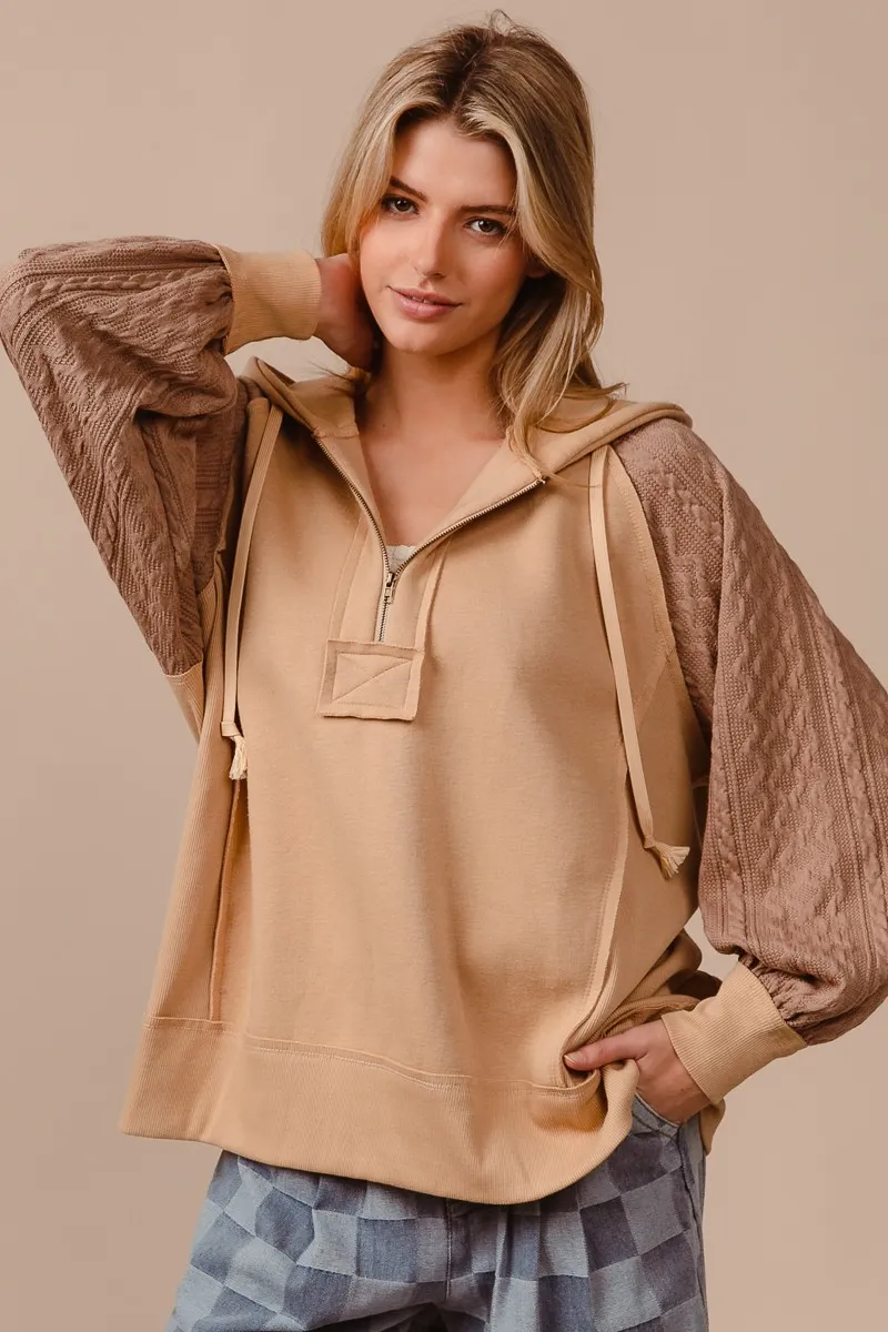 Half Zip French Terry Hoodie with Kint Sleeves, image 3