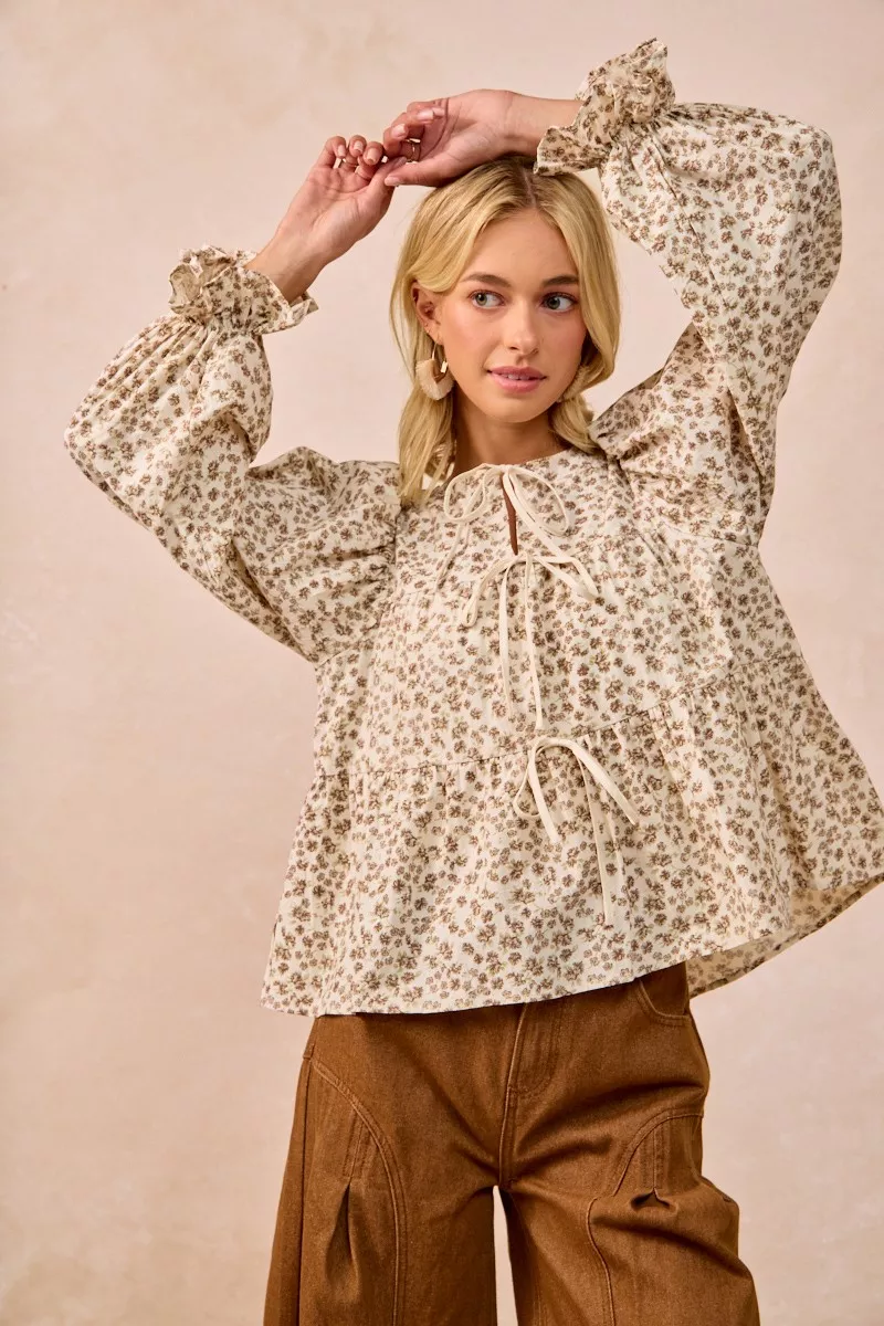 Floral Printed Peplum Blouse with Shirring and Tied, image 6