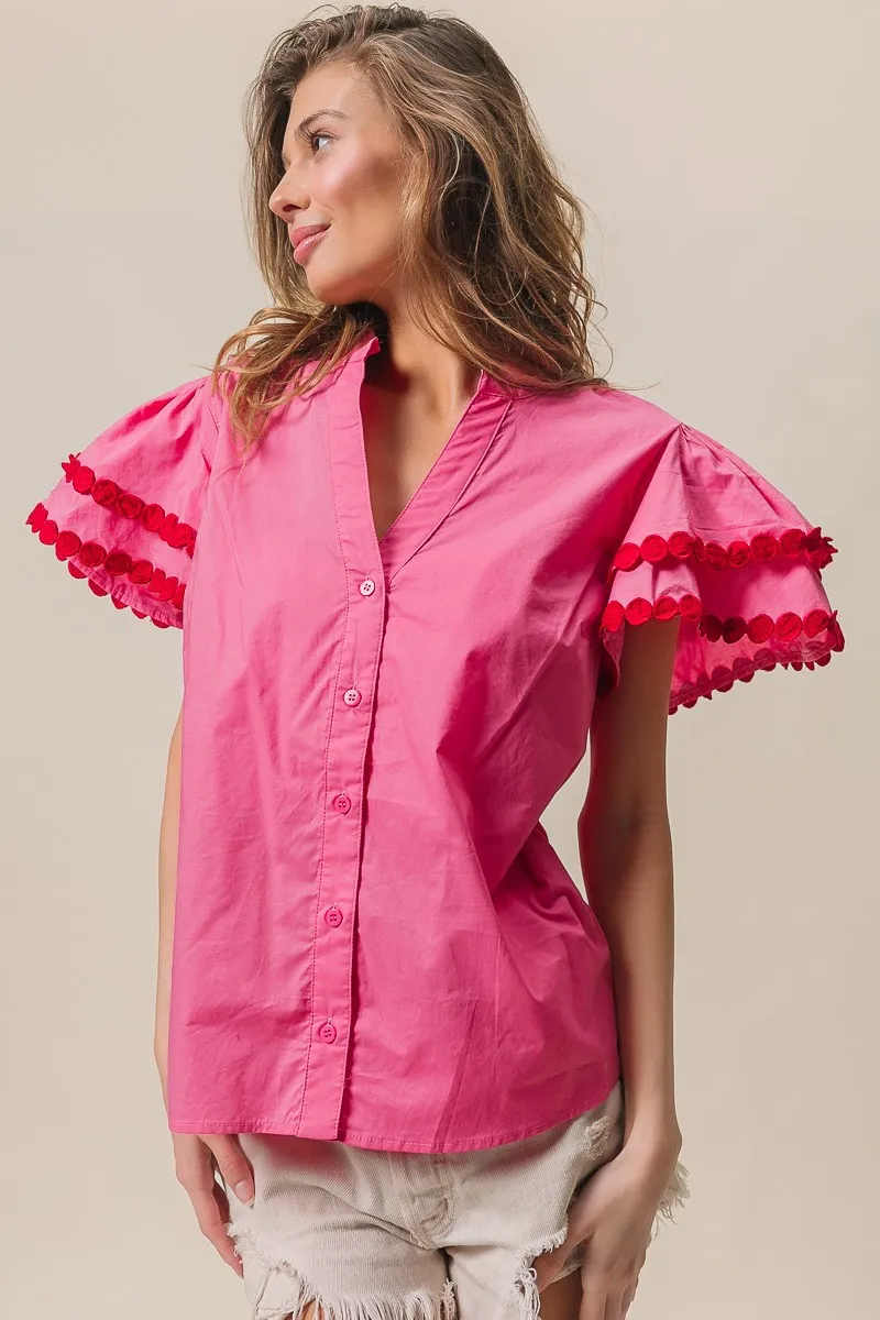 Dot Trim Flutter Sleeve Notched Top, image 11