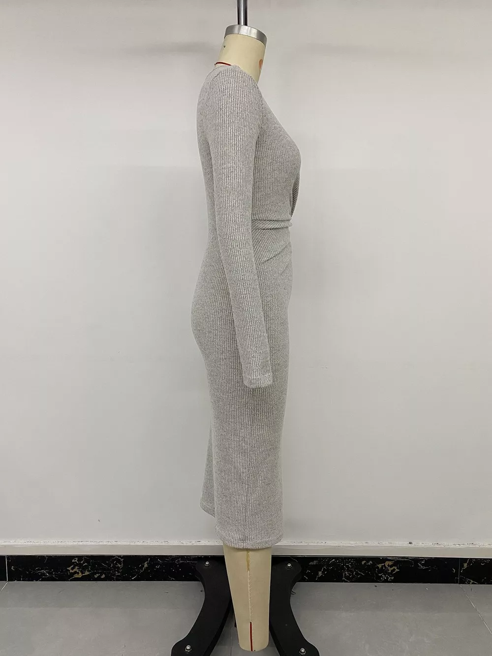 Ribbed Knit Twist Front Long Sleeve Midi Dress with Slit, image 7