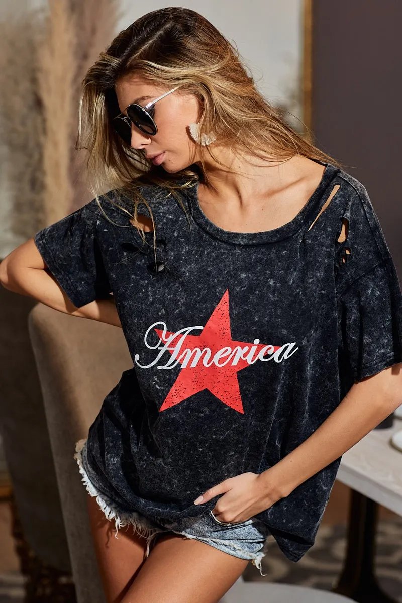 Laser Cut Mineral Washed Jersey Top with America, image 6