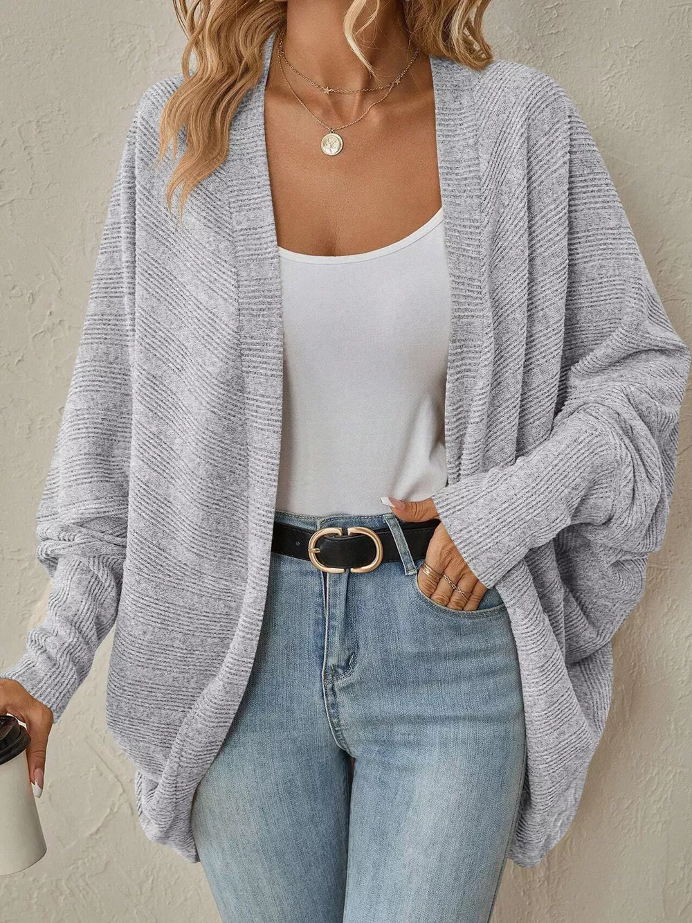 Casual Open Front Batwing Sleeve Ribbed Knit Cardigan, image 18