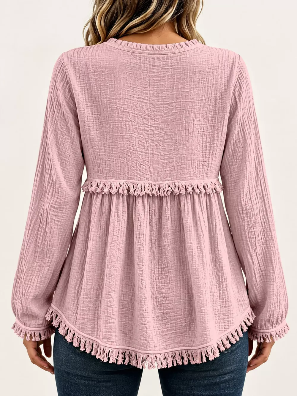 Full Size Frayed Hem Button Detail Blouse Plus Size, image 23