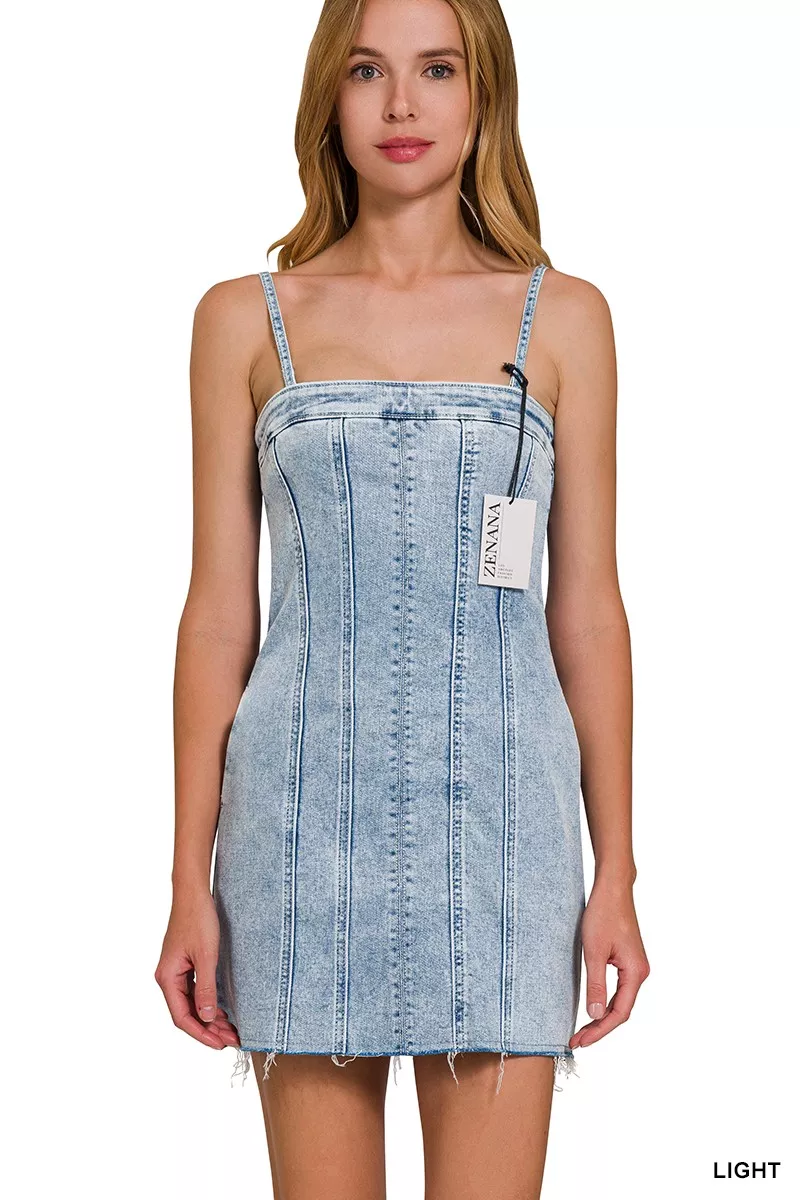 Spaghetti Strap Exposed Seam Light-Wash Dress, image 5