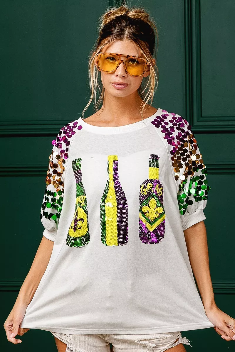 Sequin Mardi Gras Bottles Spangled Sleeve Top, image 8