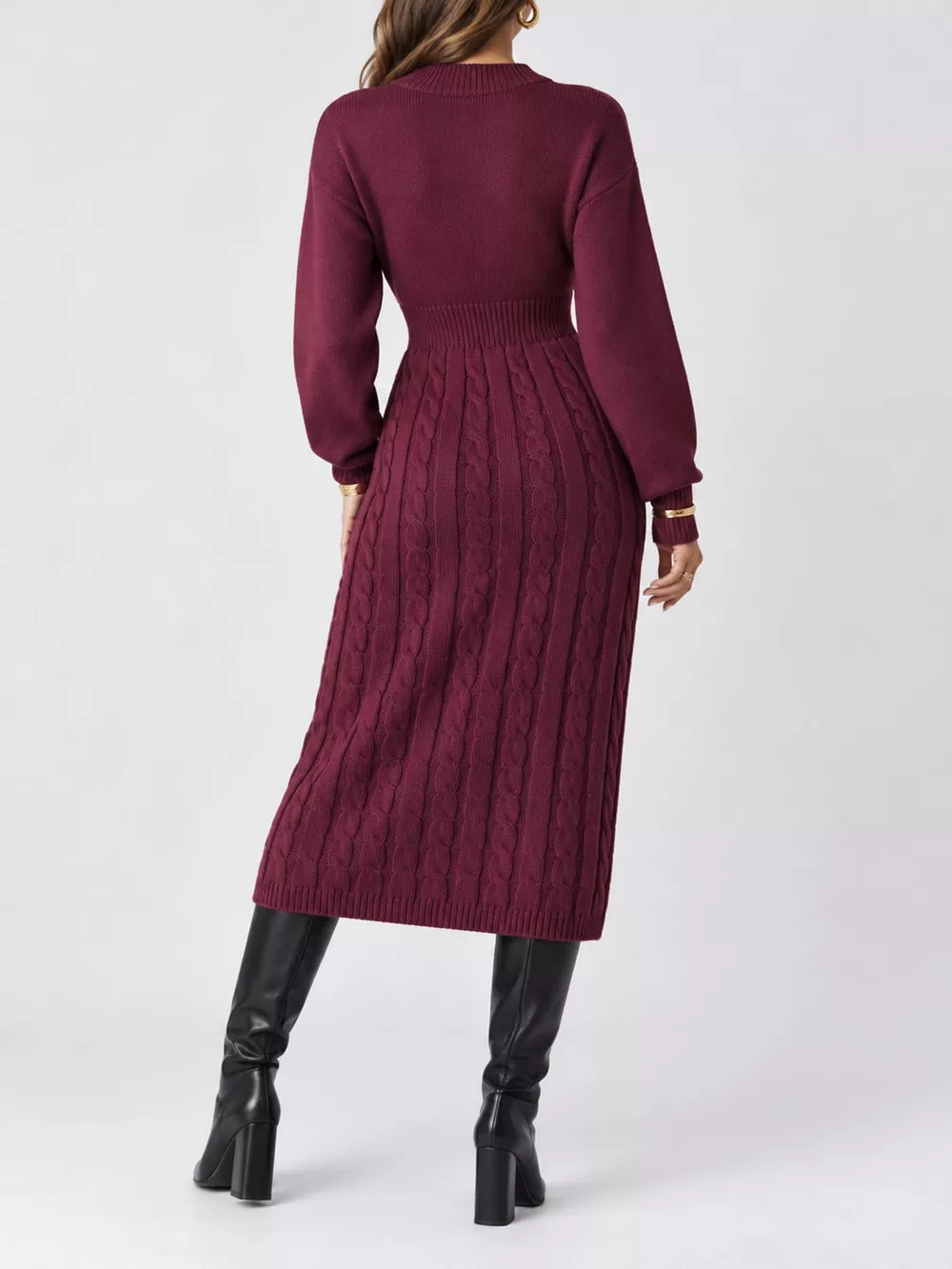 Full Size Mock Neck Cable Knit Sweater Dress with Front Slit Plus Size, image 44