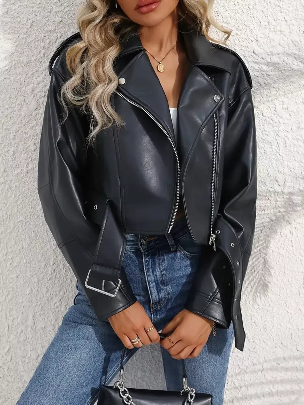 Full Size Faux Leather Zip Up Jacket Plus Size, image 11