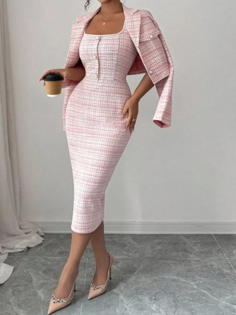 Tweed Square Neck Dress and Cardigan Set, image 2