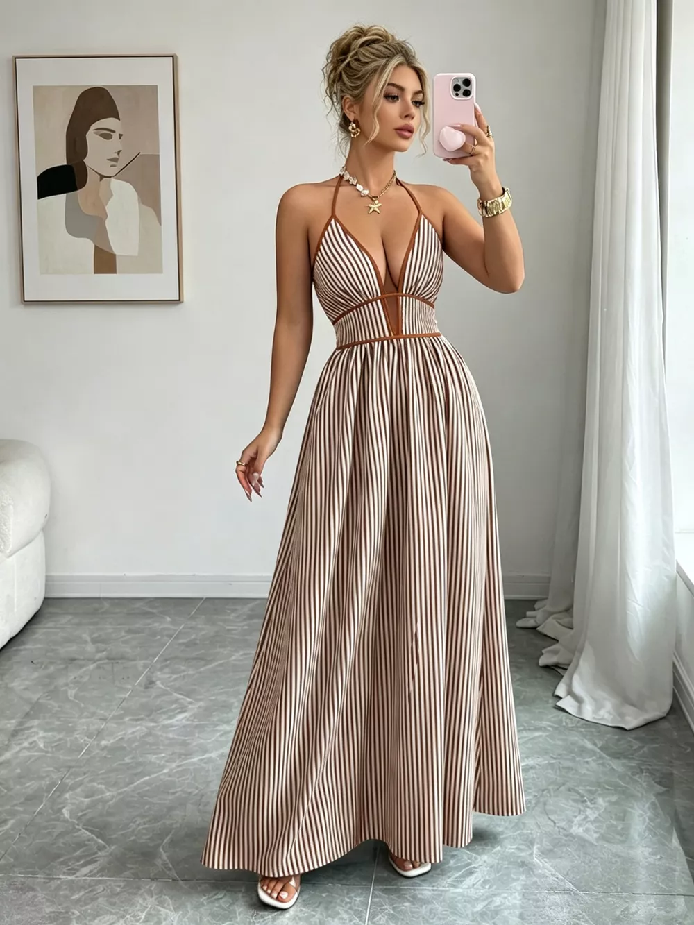 Striped Halter Neck Maxi Dress, image 6