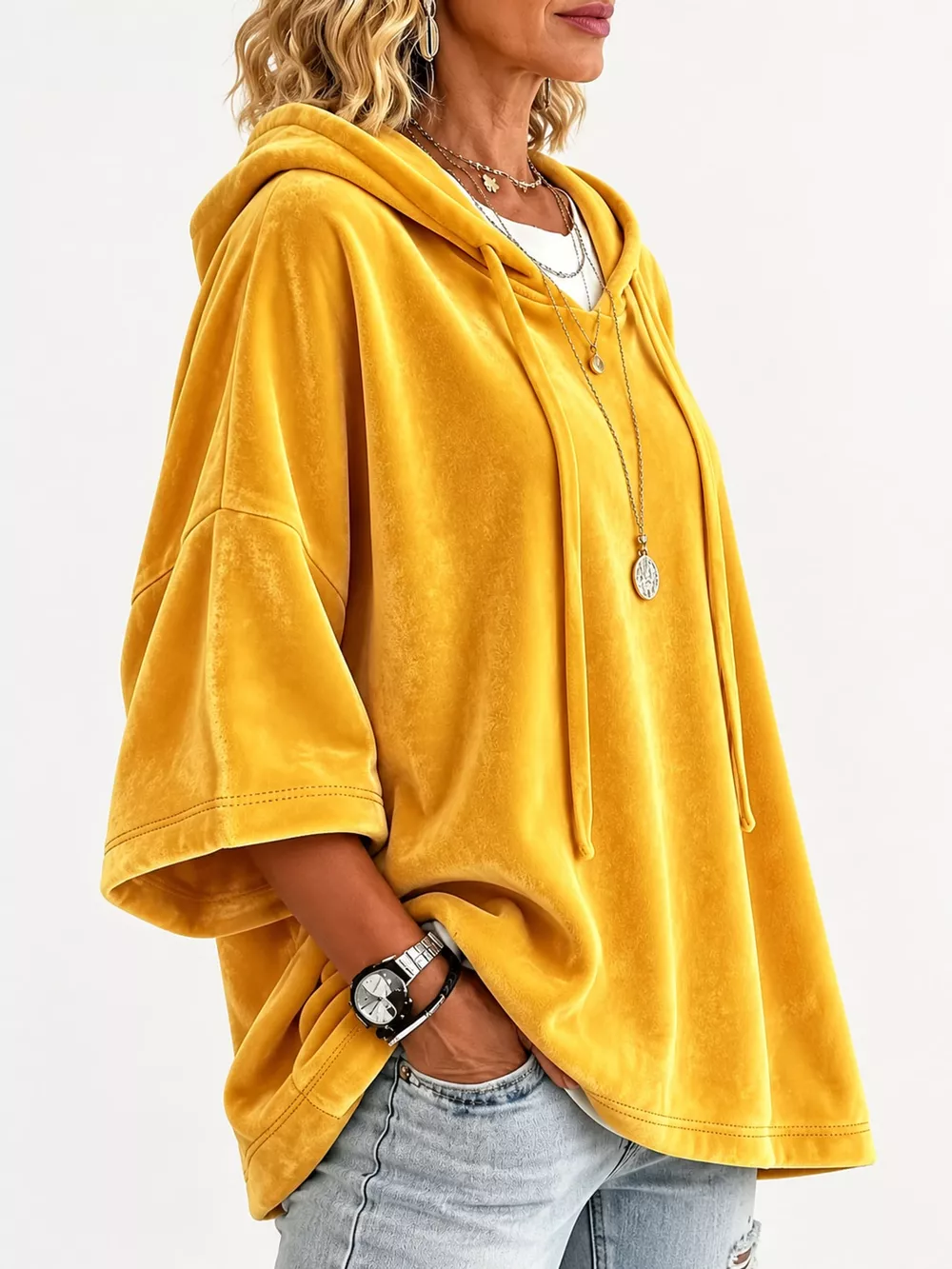 Full Size Velvet Half Sleeve Hoodie with Drawstring Plus Size, image 12