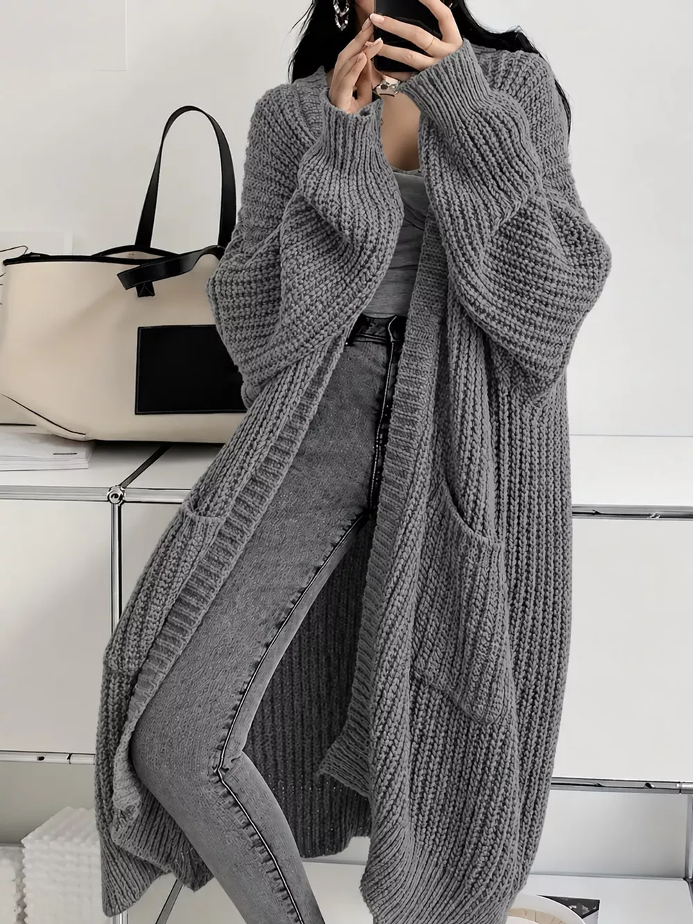 Full Size Chunky Knit Openwork Front Longline Cardigan Plus Size, image 47