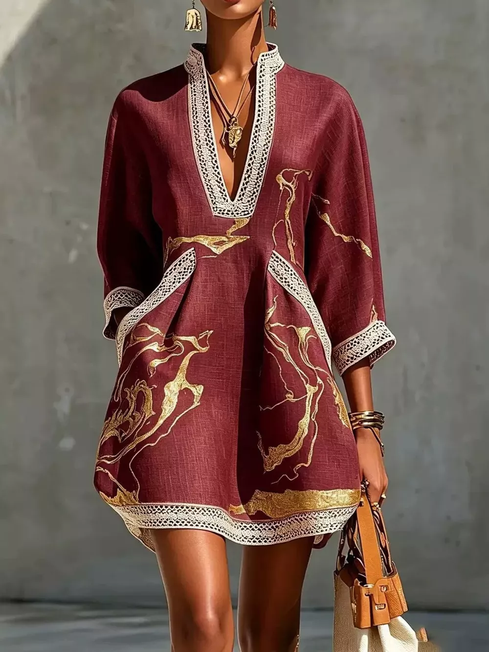 Notched 3/4 Sleeve Mini Dress, image 32