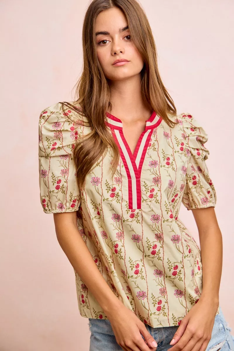 Floral Gather Sleeves Contrast Neckband Blouse Top, image 10