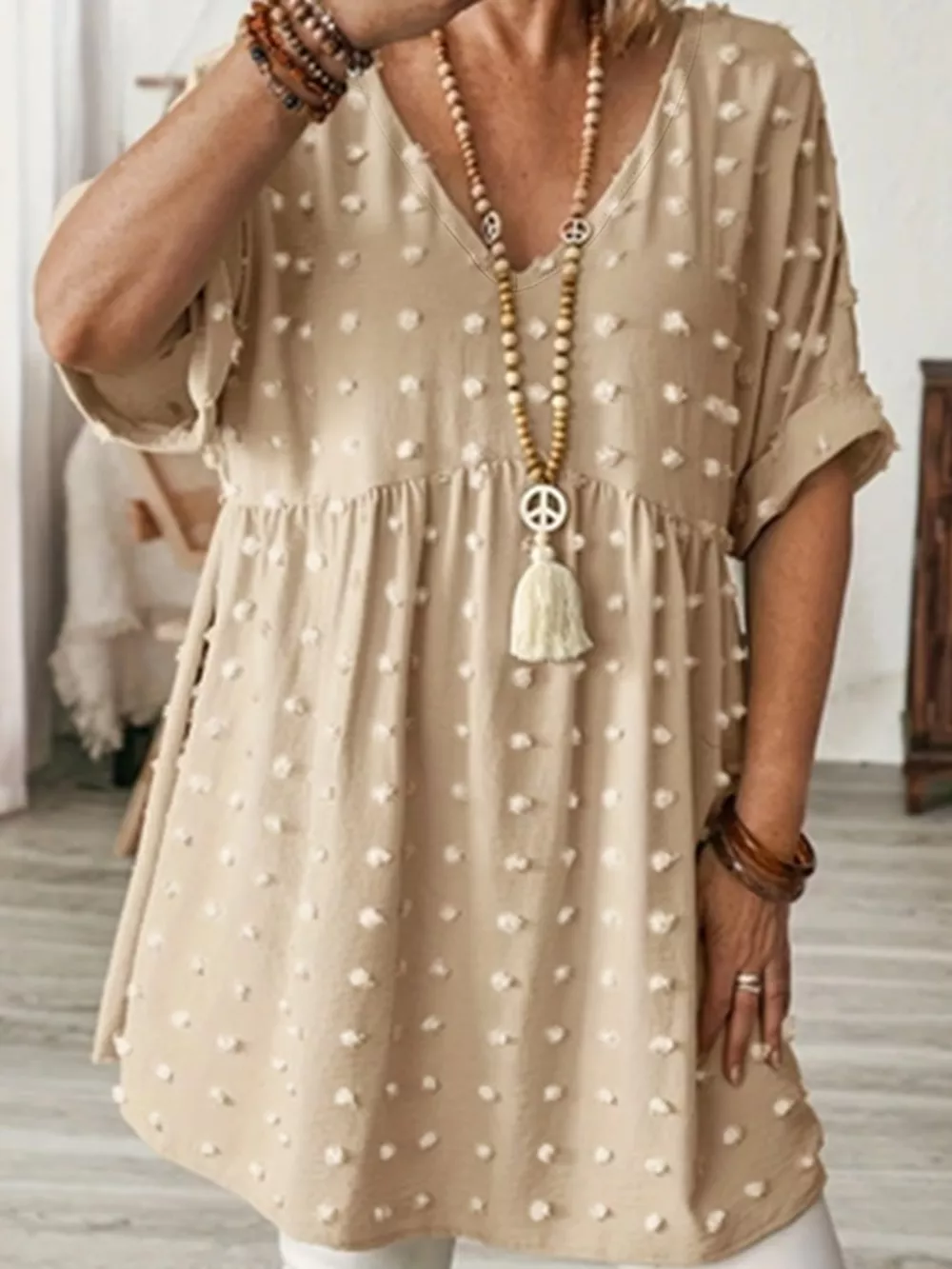 Plus Size Swiss Dot V-Neck Casual Blouse, image 29