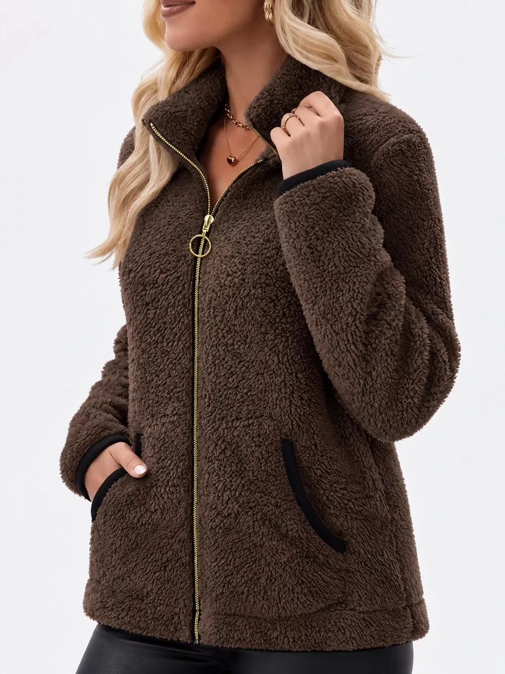 Full Size Fleece Zip-Up Jacket with Contrast Trim Plus Size, image 23