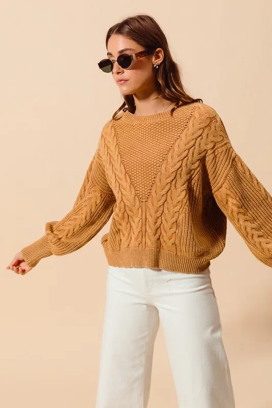 Mineral Washed Loose Fit Textured Cable Sweater, image 11
