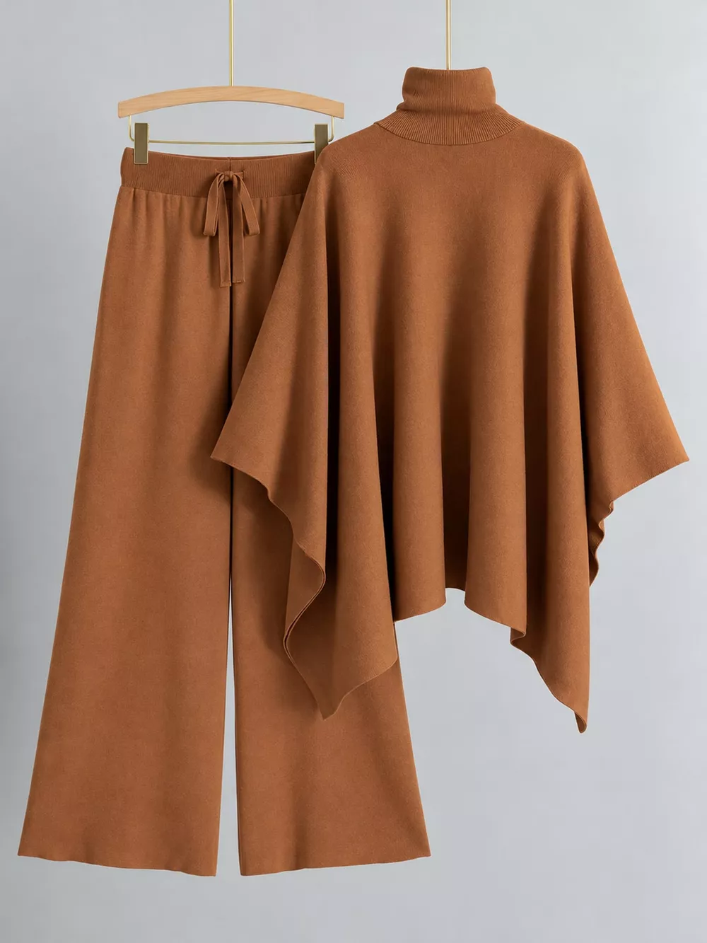 Elegant Turtleneck Poncho Sweater and Wide-Leg Knit Pants Set, image 18