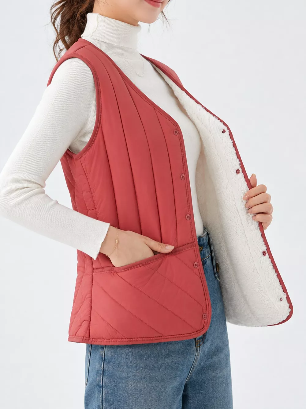 Full Size Quilted Button Up Vest Coat Plus Size, image 13