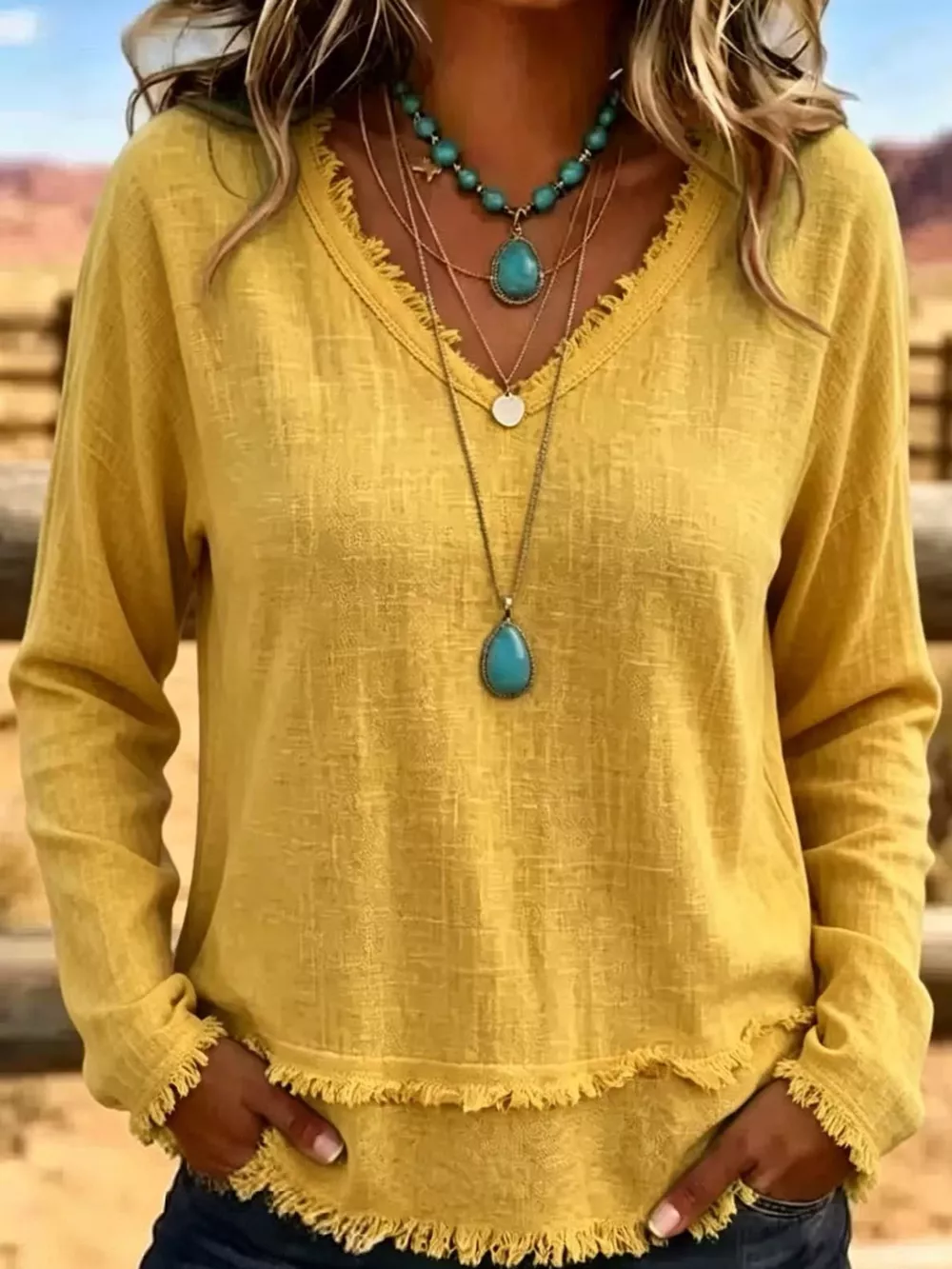 Full Size Frayed Hem V-Neck Blouse Plus Size, image 36