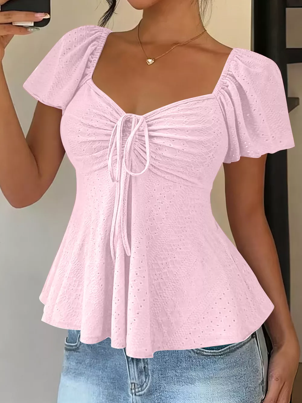 Sweetheart Neck Flutter Sleeve Top, image 15