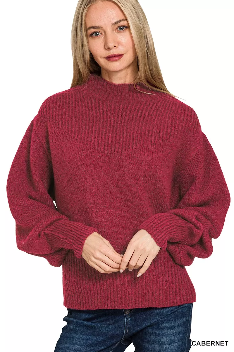 Balloon Sleeve Mock Neck Sweater, image 2