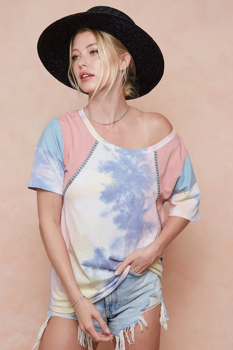 Tie Dye Printed Cotton Color Block T-Shirt