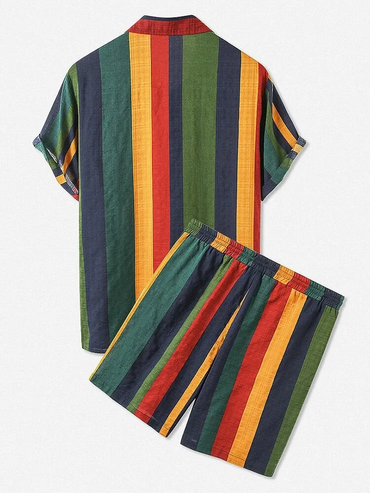 Men's Full Size Striped Button Up Shirt and Shorts Set Plus Size, image 2