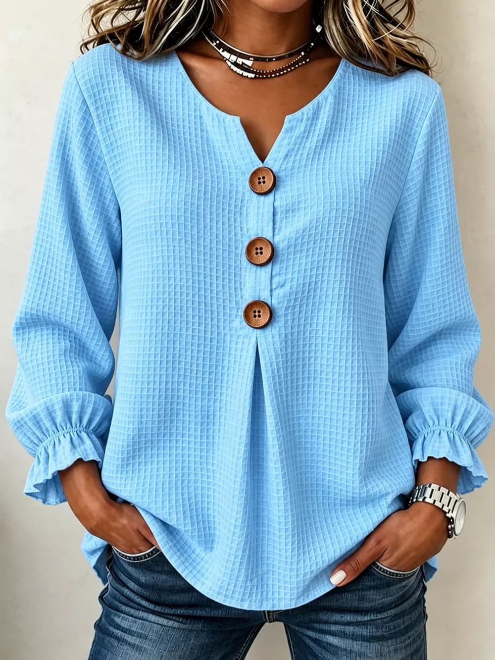 Full Size Waffle Knit Flounce Sleeve Blouse Plus Size, image 12