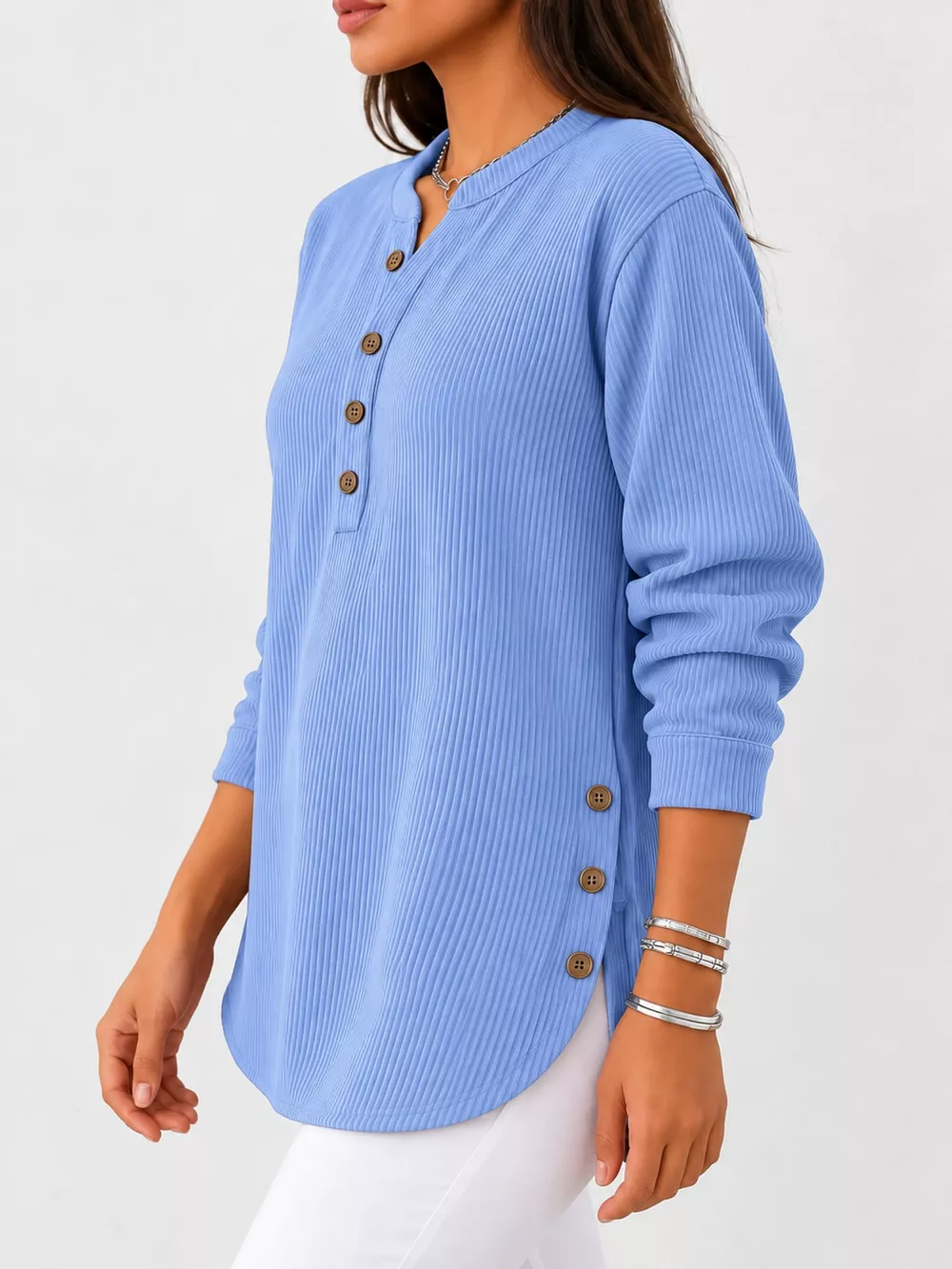 Full Size Button Detail Long Sleeve Top Plus Size, image 22