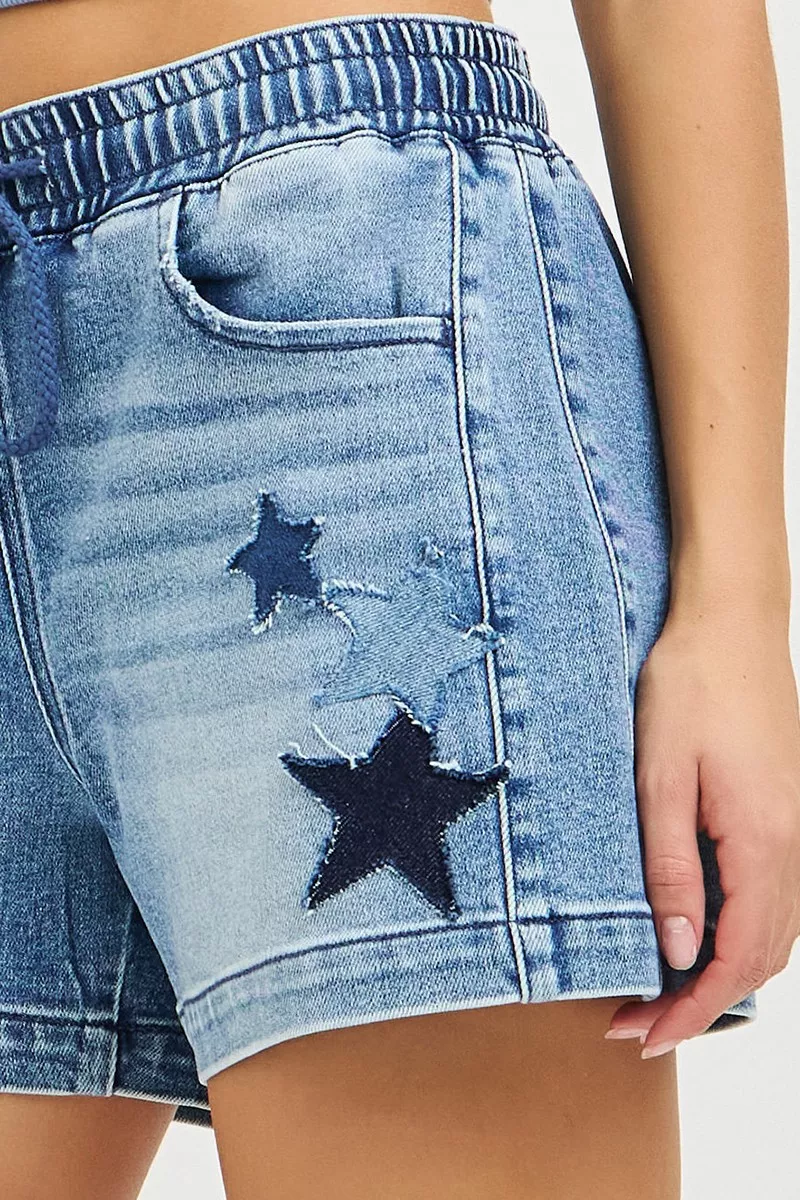 Elastic Band Slouchy Denim Shorts with Star Patched Details, image 3