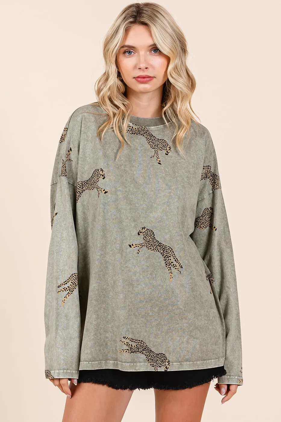 Mineral Wash Cheetah Print Long Sleeve Top, image 3