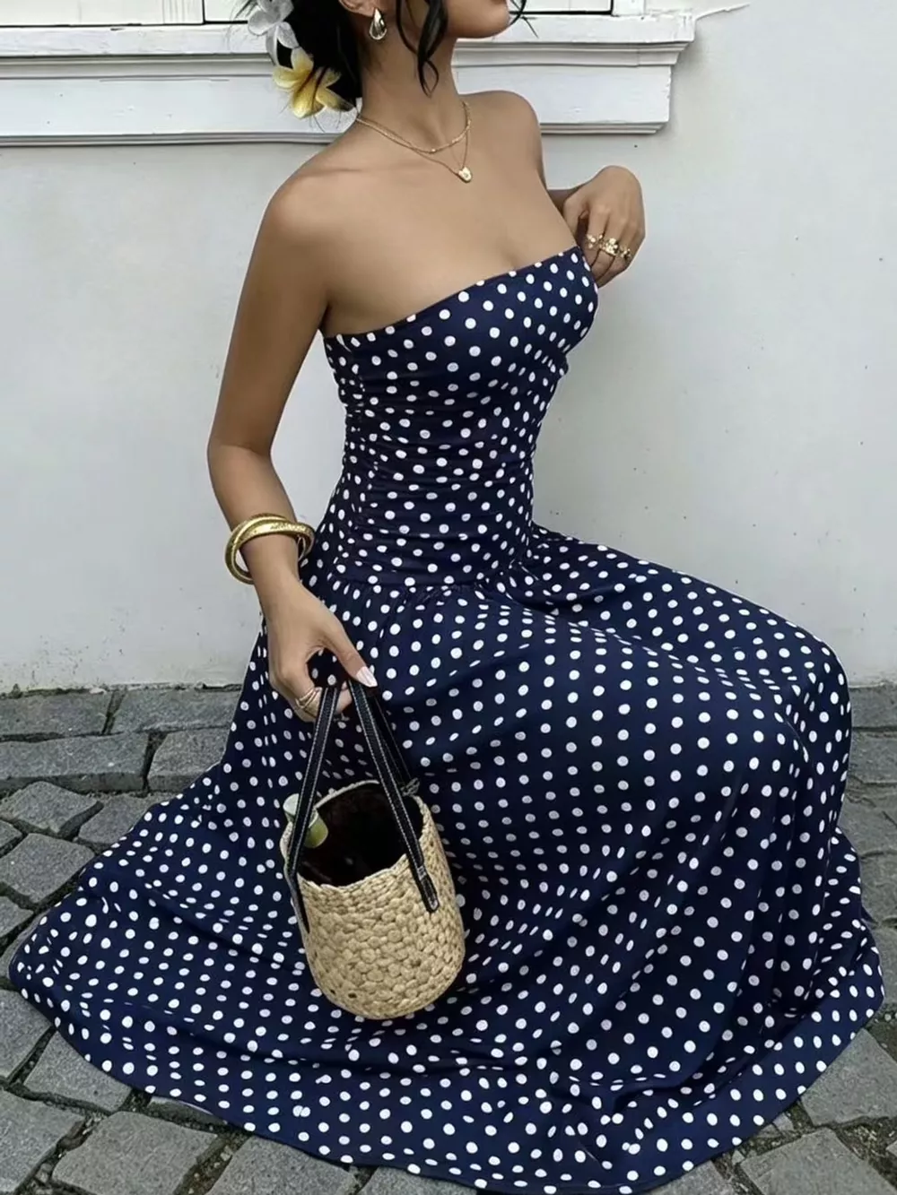 Strapless Polka Dot Ruched Maxi Dress, image 31