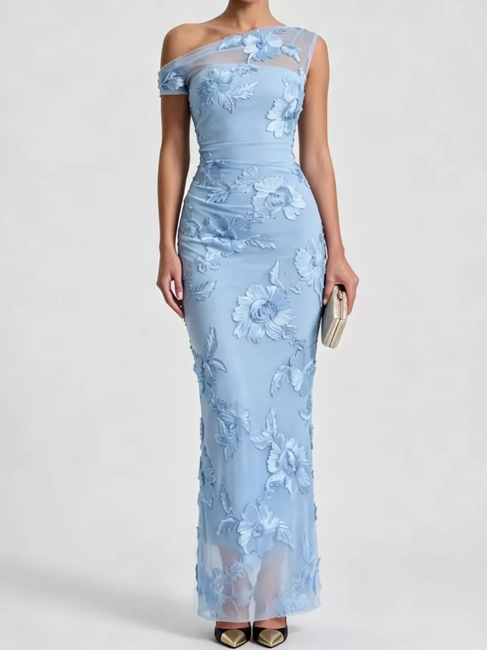 One-Shoulder Floral Embroidered Maxi Dress, image 25