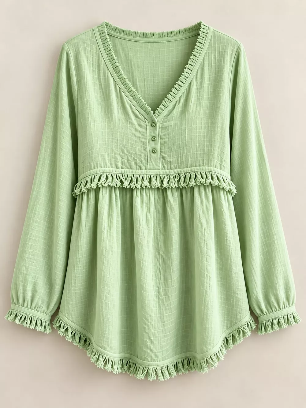 Full Size Fringed Trim V-Neck Long Sleeve Blouse Plus Size, image 77