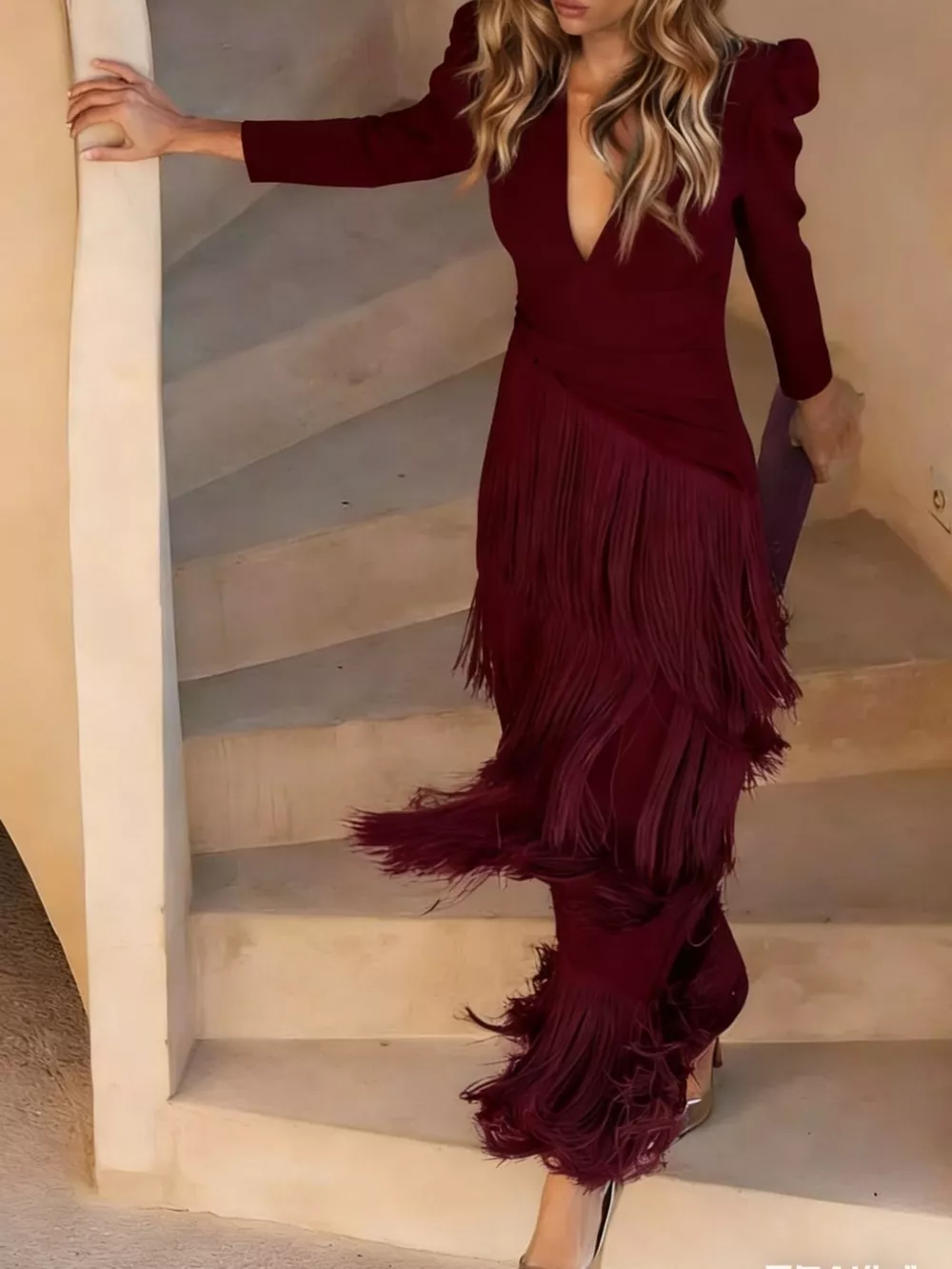 Fringed V-Neck Puff Sleeve Maxi Dress, image 21