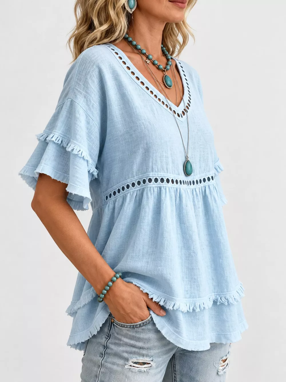Full Size Frayed Hem V-Neck Blouse Plus Size, image 9
