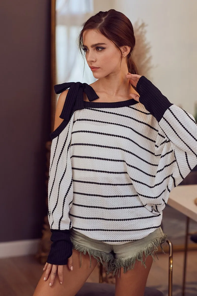 Stripe Yarn Dye Waffle One Shoulder Ribbon Detail Top, image 8