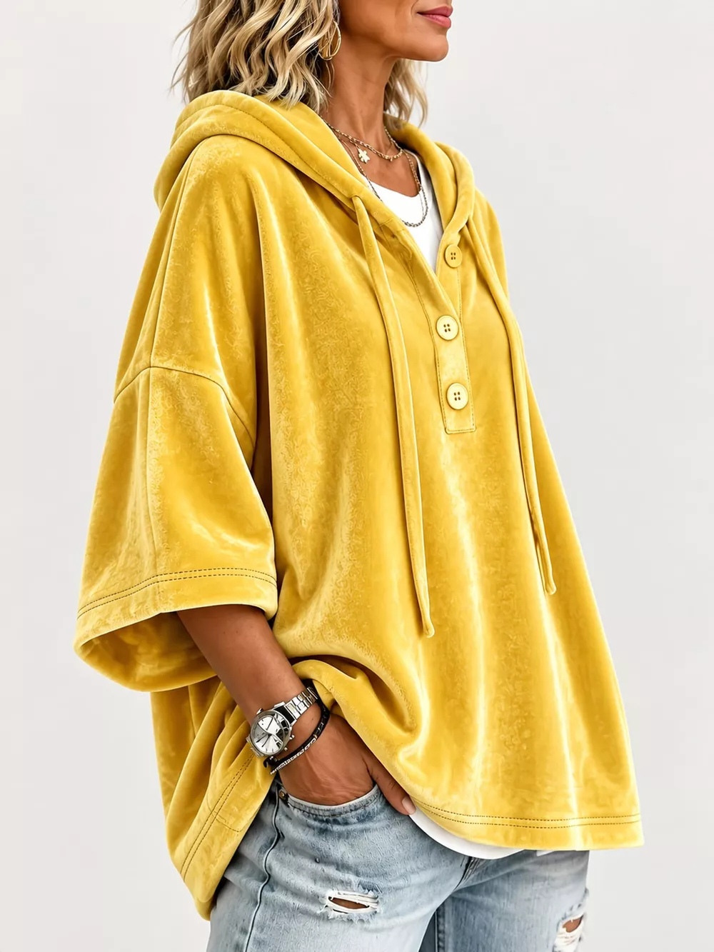 Full Size Velvet Button Detail Hoodie Plus Size, image 10