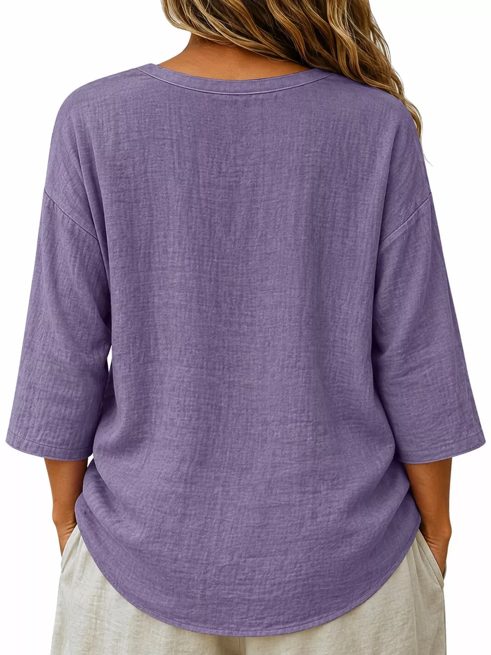 Full Size Button Detail Notched 3/4 Sleeve Blouse Plus Size, image 7
