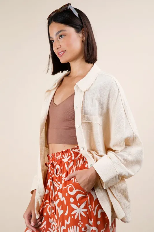 Plus Size Dolman Sleeve Button Down Gauze Shirt