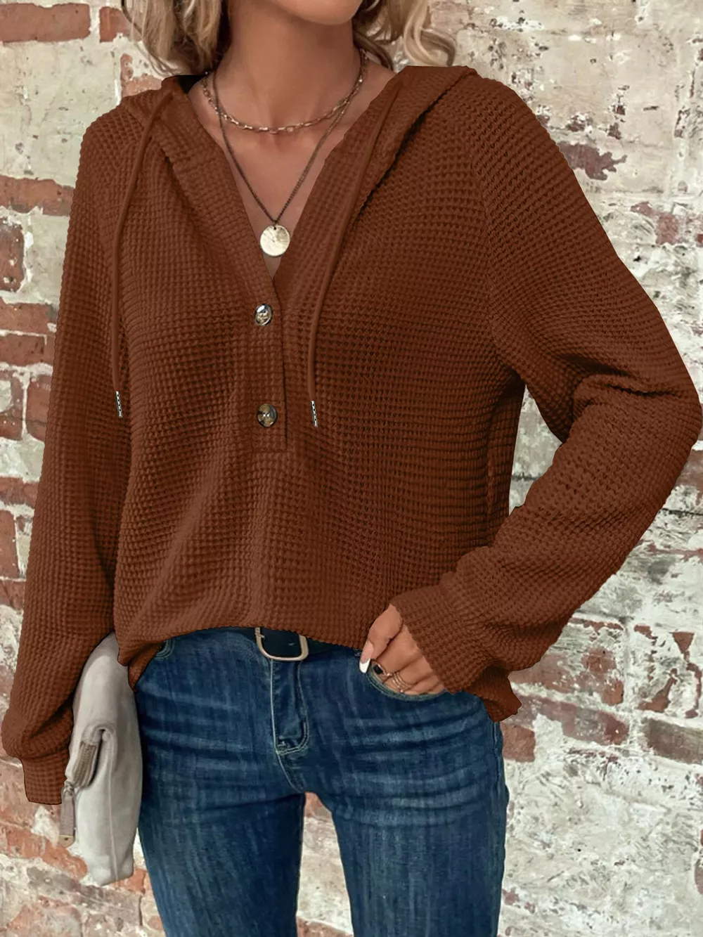 Full Size Waffle Knit Button Detail Hoodie Plus Size, image 38