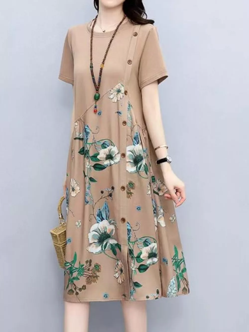 Plus Size Floral Print A-Line Midi Dress with Asymmetric Button Detail, image 2