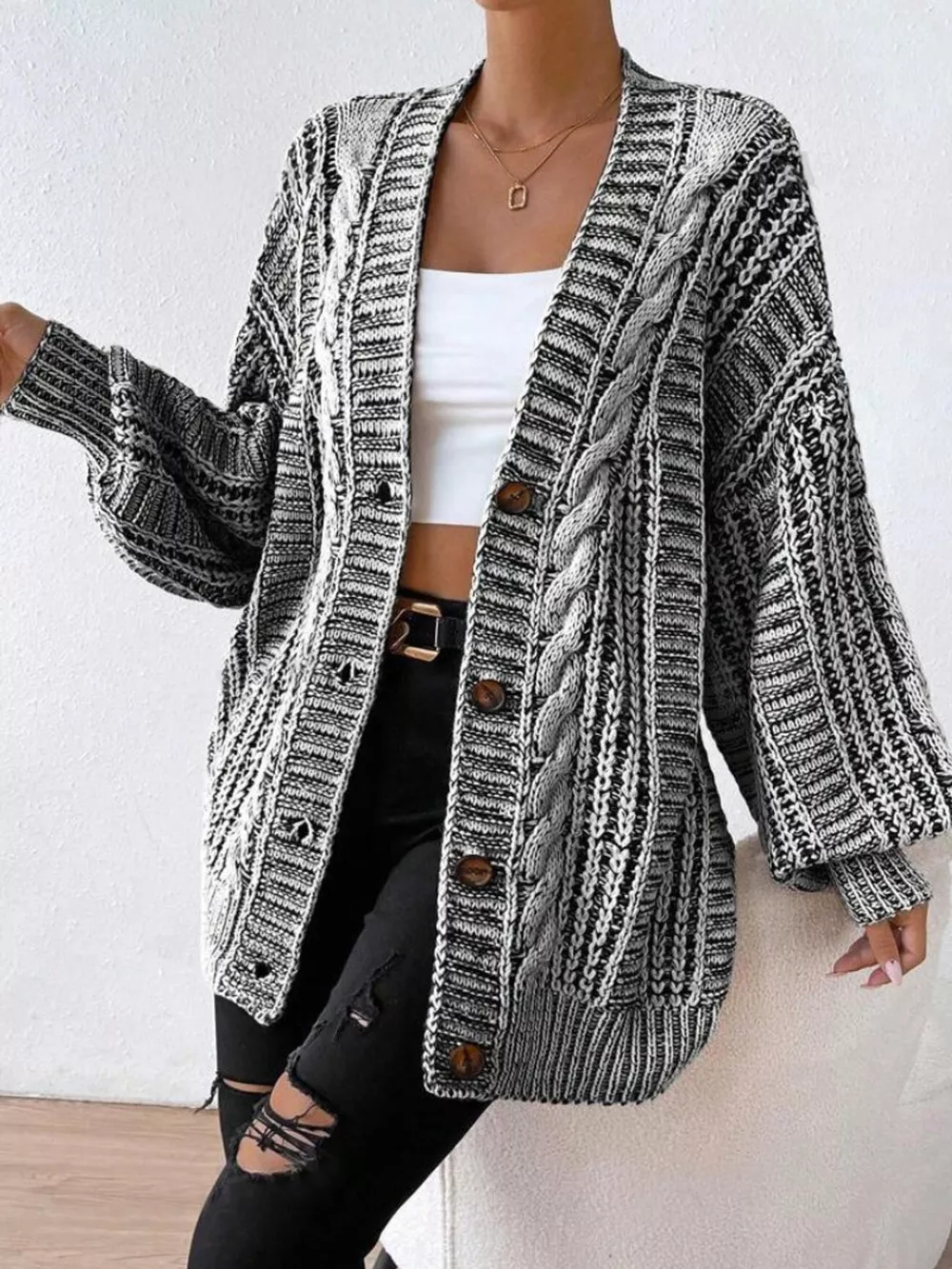 Chunky Cable Knit Button-Down Cardigan, image 4