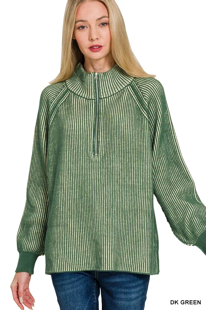 Ribbed Two Tone Half Zip Sweater
