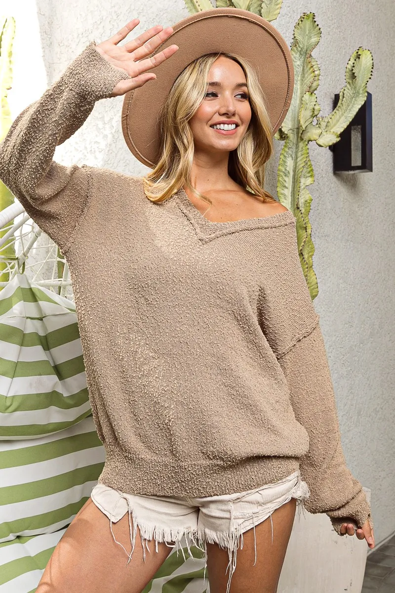 Raw Edged Popcorn Texture V-neck Sweater, image 4