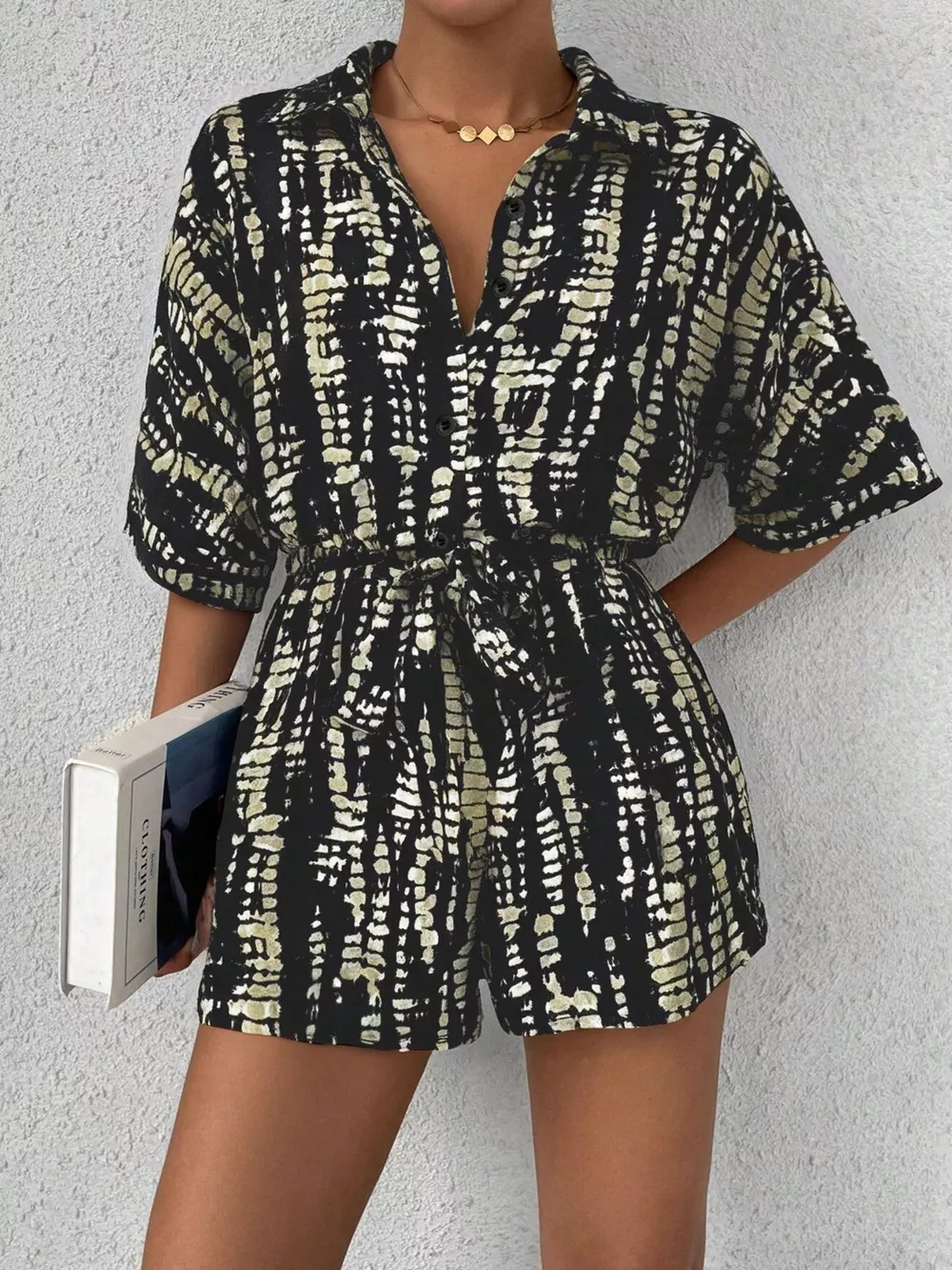 Striped Button-Up Belted Romper, image 9